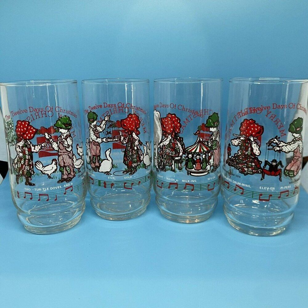 Holly Hobbie & Robby Coca-Cola Glasses 12 Days Of Christmas Complete Set‎ 1979